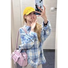 批发多巴胺蓝色格子衬衫女叠穿长袖上衣宽松<b class='q'>百搭</b>显瘦格纹长袖衬衣外穿