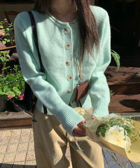 물 녹색 쇼트 스타일 니트 오픈 가디건 여성 봄 새로운 한 부서 착용 가져 가라. 부드러운 찹쌀 자이언트 잘 생긴 스웨터 코트