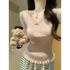 批发miu系蝴蝶结v领花边针织打底衫<b class='q'>女</b>秋冬2026内搭木耳边<b class='q'>毛衣</b>早春上衣