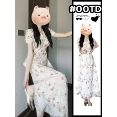 批发茶歇法式泡泡袖碎花连衣裙女小个子温柔甜美显瘦气质收腰白色长裙