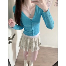 批发慵懒温柔风韩系绝美蓝色v领长袖<b class='q'>针织</b><b class='q'>开衫</b>女2026春季新款掐腰上衣