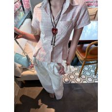 批发美式复古学院风ins格纹polo领正肩翻领修身<b class='q'>衬衫</b>甜辣百搭上衣