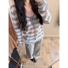 批发多穿法半透视抽绳条纹罩衫2026SS大领口斜肩马海毛织衫