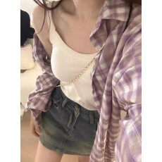 批发紫色格子衬衫<b class='q'>外套</b>女新款早春季防晒叠穿衬衣美式复古长袖上衣