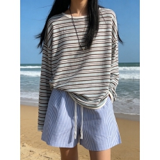 批发慵懒风防晒罩衫女2026春季新款宽松韩系条纹薄款长袖<b class='q'>t</b><b class='q'>恤</b>针织上衣