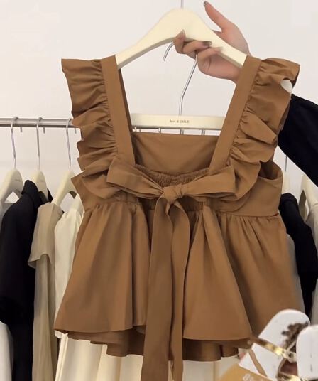 나비 매듭 백리스 민소매 셔츠 맨위 여성 여름 새로운 달콤함 디자인 센스 작은 대중 프릴 Chic 작은 셔츠