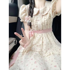 批发甜美娃娃领碎花<b class='q'>连衣裙</b>子女夏季泡泡袖法式公主裙小个子收腰蓬蓬裙