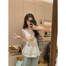 批发韩式气质拼接蕾丝边下摆背心女夏季叠穿纯欲感宽松工字肩无袖上衣