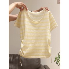 批发官图特价竹节麻袖t恤针织衫夏2025短款修身条纹收腰圆领上衣<b class='q'>女</b>装