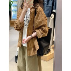 批发复古枫叶黄细格子衬衫<b class='q'>女</b>文艺感宽松翻领衬衣<b class='q'>外套</b>2026春秋韩版上衣