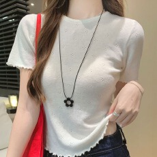 批发甜美木耳边圆领镂空短袖针织衫女夏季新款温柔风减龄<b class='q'>白色</b>修身上衣