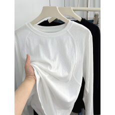 批发轻薄舒适白色竹节棉<b class='q'>长袖</b>t恤女春夏简约设计感宽松圆领<b class='q'>打底衫</b>上衣