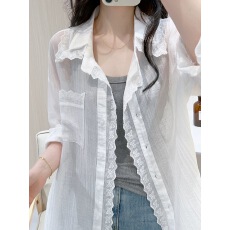 批发<b class='q'>中长款</b>防晒衬衫女夏款2025新款白色外套上衣气质慵懒风法式小衬衣