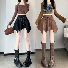 批发有安全裤+配腰前<b class='q'>饰品</b> 麂皮绒半身裙女春夏新款个性腰带高腰短裙
