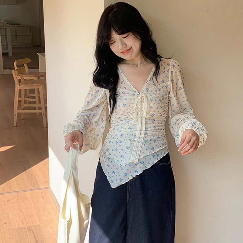 경관 그림 정가 망사 얇은 스타일 긴팔 자외선 차단 티셔츠 부드러운 바람 꽃무늬 에어컨 객실 몸매 가꾸기 슬림해 보이는 맨위