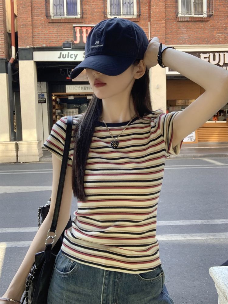 컬러 짜임 스트라이프 케이블 루오 Na 네클라인 이후 패키지 칼라 아메리칸 레트로 chic 스트라이프 티셔츠 여성 배색 연령 감소 맨위