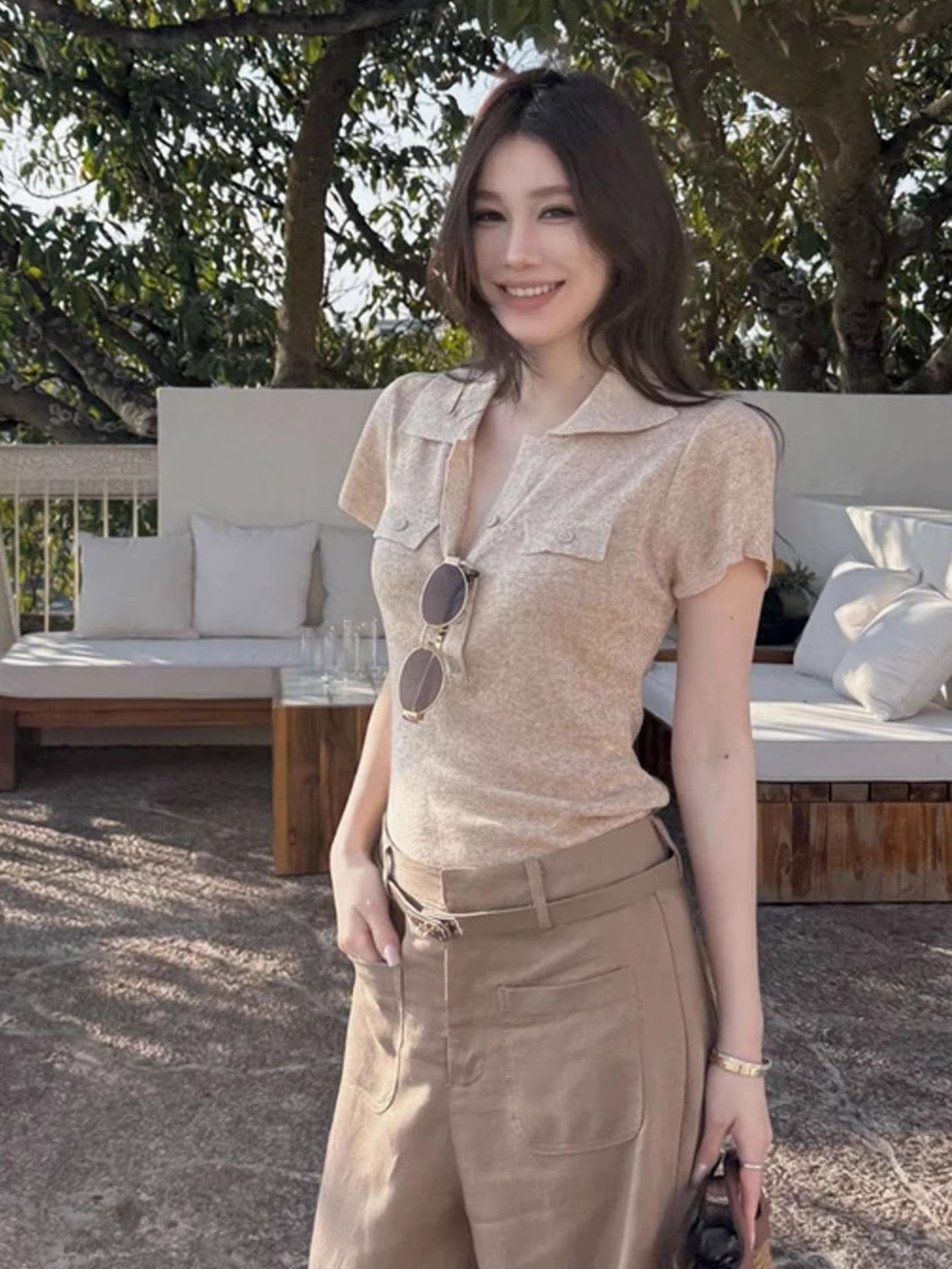 오래된 돈 바람 폴로 칼라 아마 니트 반팔 티셔츠 여성 여름 2026 새로운 몸매 가꾸기 슬림해 보이는 polo 긍정적 인 어깨 의류