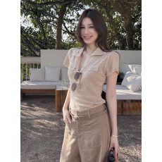 批发老钱风翻领亚麻针织短袖T恤女夏季2026新款修身显瘦polo正肩上衣