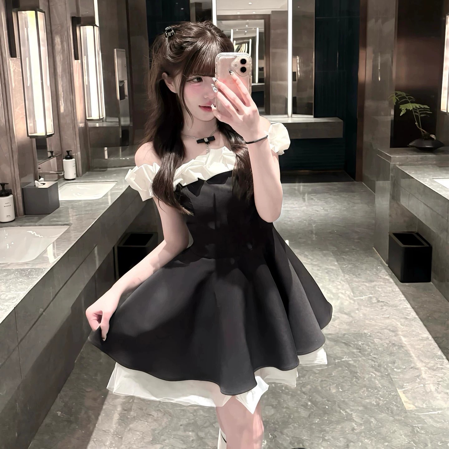 여름 검정색 작은 키 품격 프랑스식 순수한 욕망 그는 벤 바람 허리 수축 슬림해 보이는 보트넥 퍼프 스커트 여성 드레스