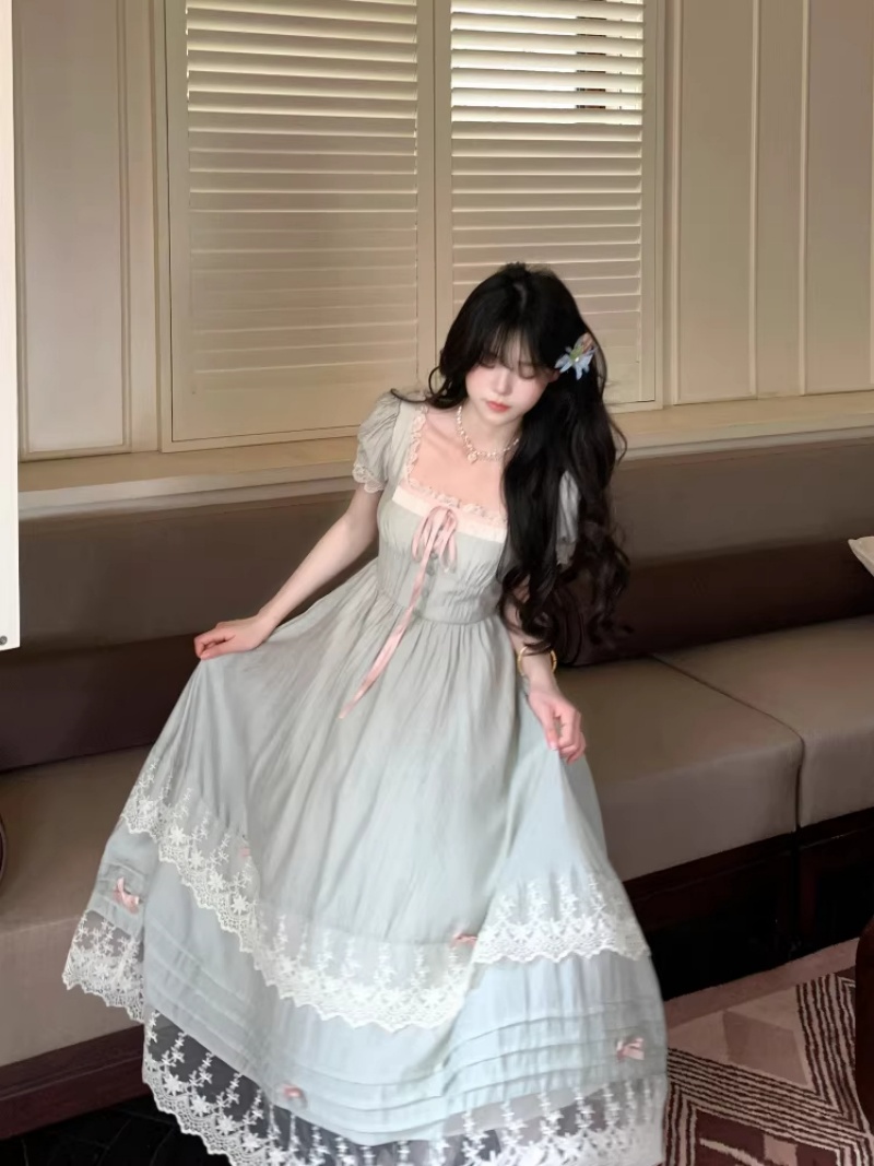 품격 광장 칼라 주름 계층의 감각 부드러운 바람 슬림해 보이는 드레스 공주 롱 스커트 신선함 우아한 부드러운 관대 한 치마