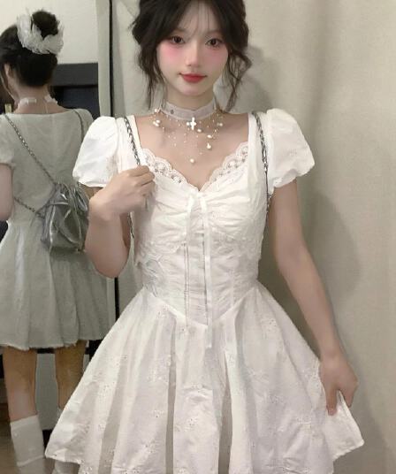 원본 원단 것 있음 안감 프랑스식 달콤함 화이트 V넥 여성 드레스 여름 거품 소매 샤오 바이 치마
