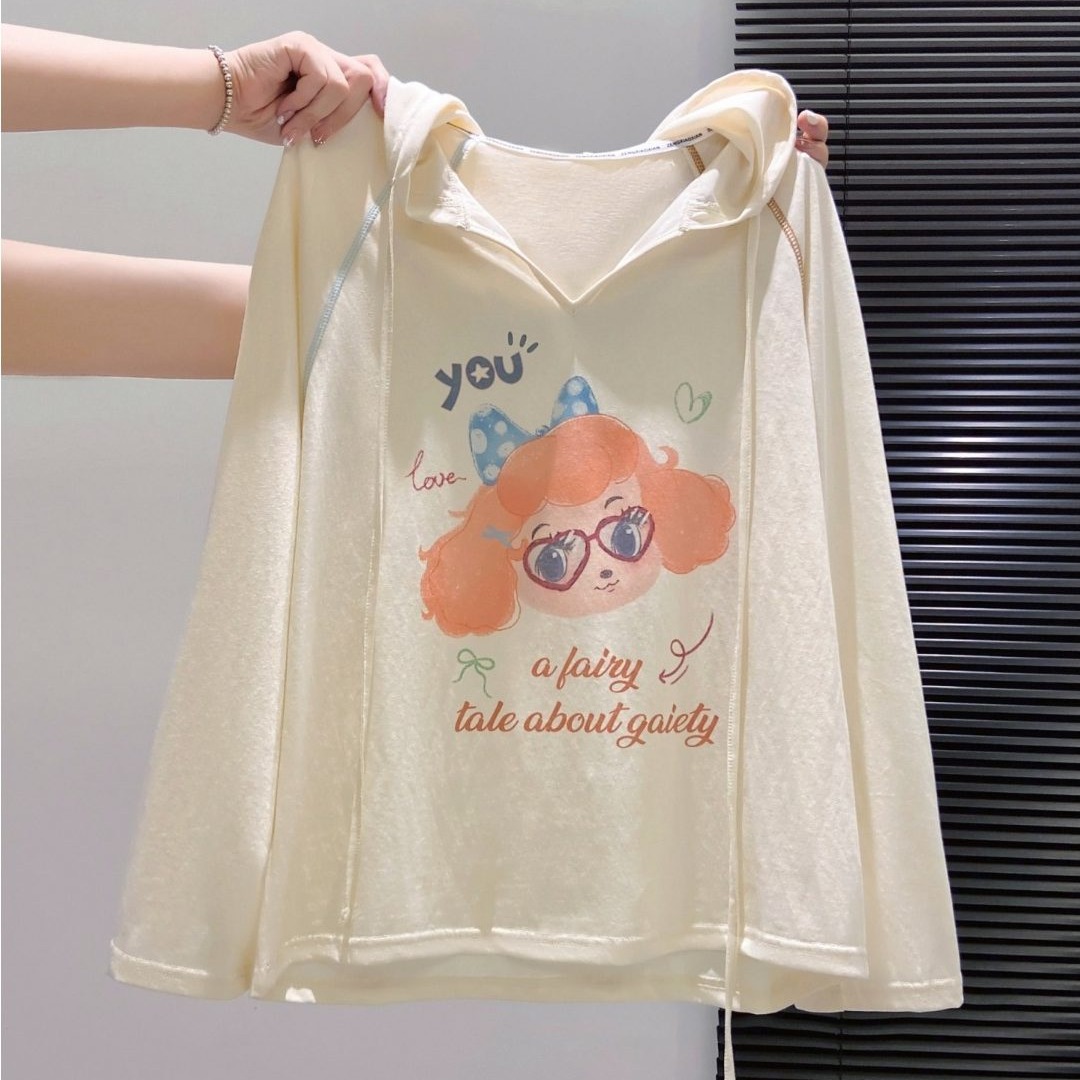 한 부서 프린트 후드 얇은 스타일 자외선 차단 긴팔 티셔츠 블라우스 여성 2026 여름 새로운 루즈핏 느긋한 바람 맨위