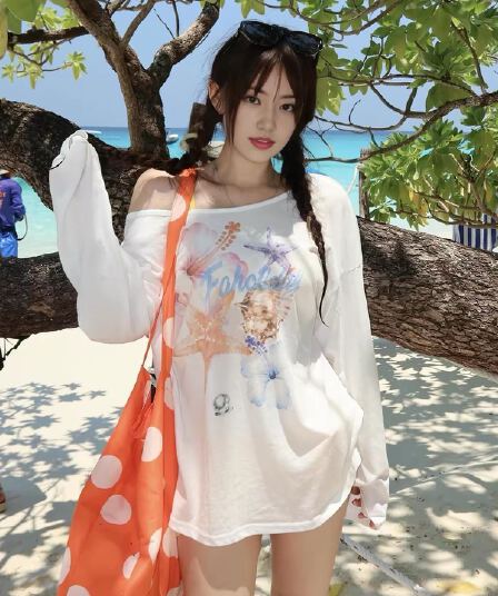 느슨함 센스 핫걸 프린트 비스듬한 어깨 자외선 차단 긴팔 티셔츠 여성 루즈핏 다용도 풀오버 맨위 블라우스