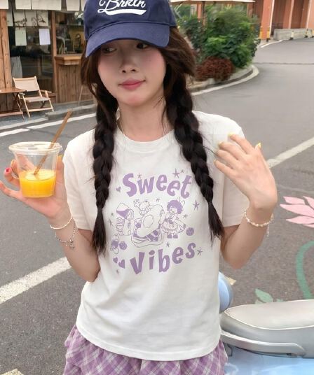한 부서 프린트 화이트 라운드 넥 반팔 티셔츠 여성 여름 새로운 루즈핏 맨위 동정