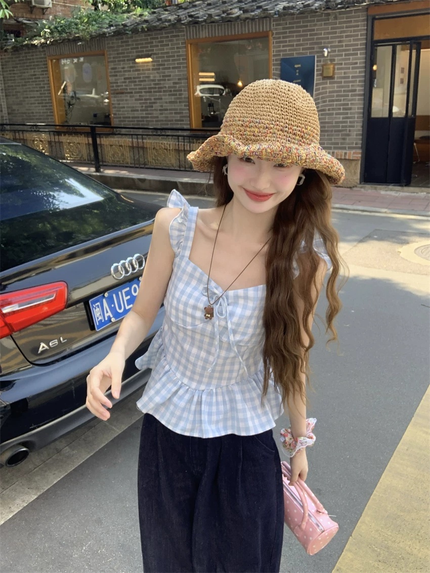 파란색 작은 날다 소매 체크무늬 슬립 여성 셔츠 여름 한 부서 달콤함 Chic 디자인 센스 인형 맨위