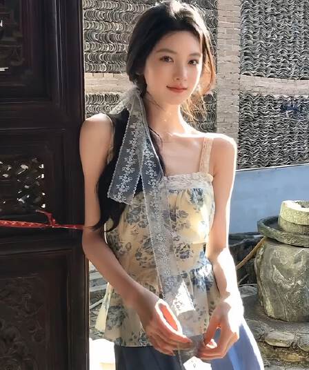 한 부서 꽃무늬 레이스 조각 캐미솔 여름 해변가 휴가 바람 허리 수축 슬림해 보이는 고유 한 아름다운 맨위