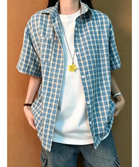 레트로 항구 바람 파란색 체크무늬 셔츠 반팔 여성 여름 ootd 착용 가져 가라. 디자인 센스 루즈핏 재킷 자외선 차단 셔츠