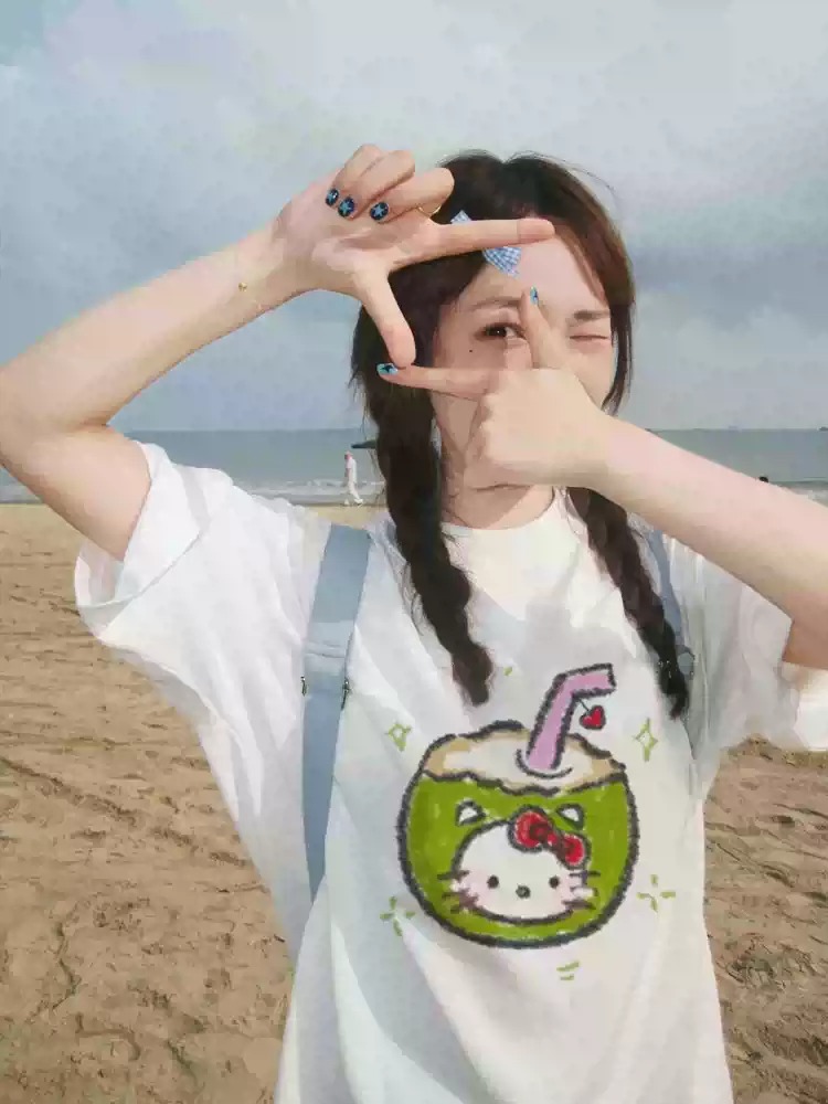 아메리칸 코코넛 kt 순면 화이트 반팔 티셔츠 여성 여름 2026 새로운 디자인 센스 작은 대중 루즈핏 반소매 맨위