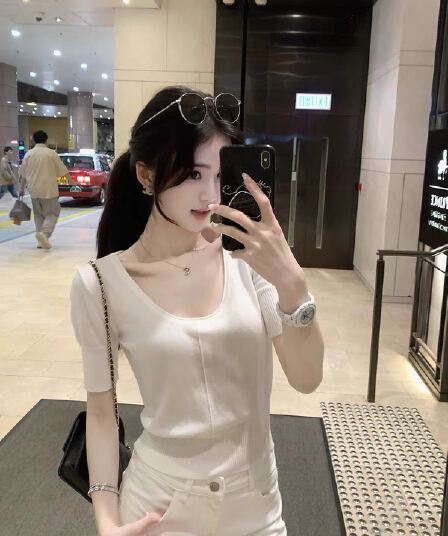 프랑스식 작은 셔츠 여름 오래된 돈 느슨함 니트 작은 반팔 여성 프랑스식 느긋한 단색 다용도 u 칼라 반팔 셔츠