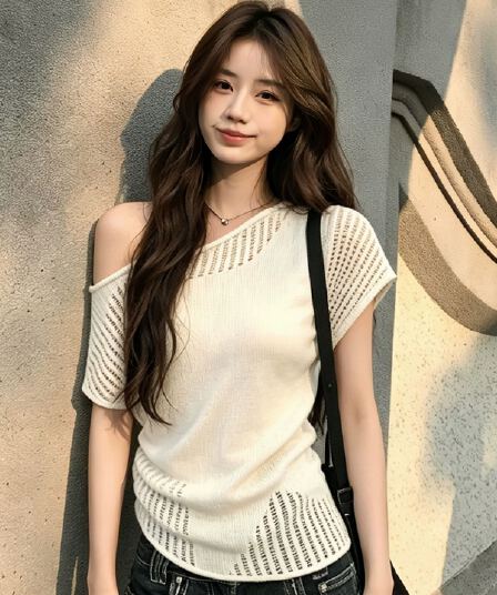 모방 아마 얇은 스타일 슈퍼 잘 생긴 니트 스웨터 여성 여름 품격 슬림해 보이는 반팔 한 부서 비스듬한 어깨 의류 트렌디