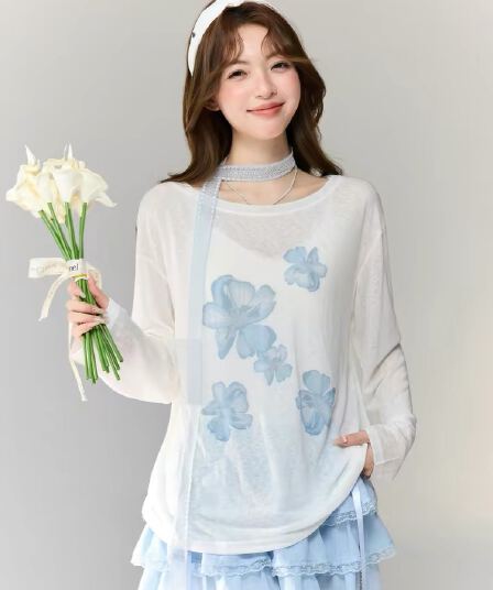 느긋한 바람 프린트 긴팔 티셔츠 여성 여름 자외선 차단 블라우스 얇고 가벼운 통기성 루즈핏 외부 잡아라. 의류