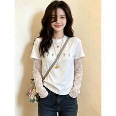 纯棉双纱蕾丝拼接刺绣设计感假两件长袖T恤女夏季设计感白色上衣