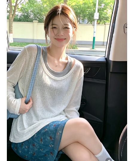 주간 실크 리브 빅 사이즈 루즈핏 느긋한 바람 긴팔 티셔츠 여성 여름 새로운 블라우스 코디 투피스 조끼
