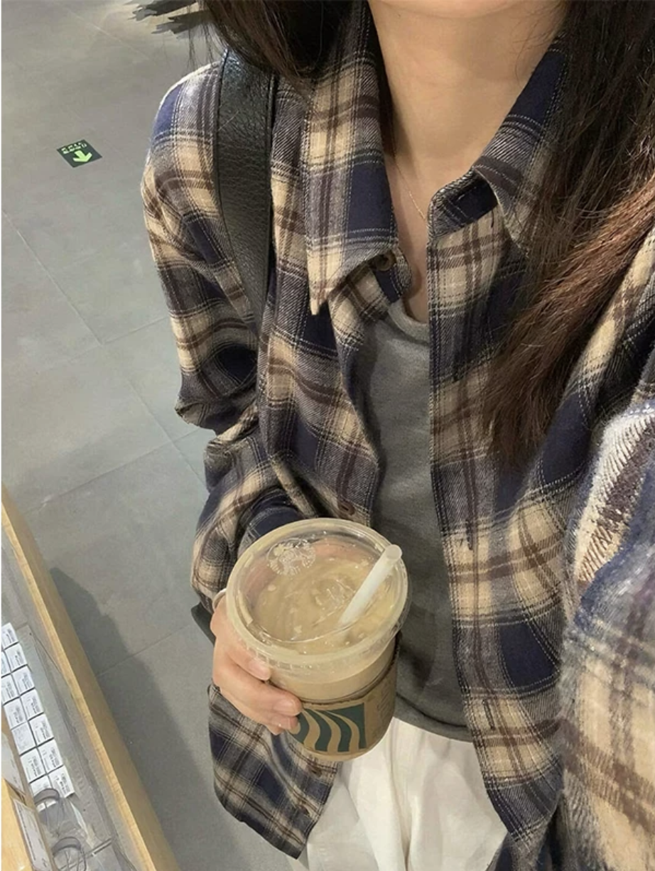 연삭 털 해군 체크무늬 한 부서 재킷 긴팔 셔츠 새로운 레트로 셔츠 느긋한 루즈핏 맨위 캐주얼