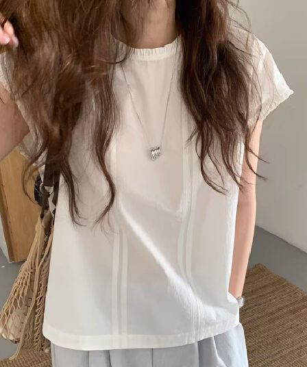 한국 스타일 반팔 레트로 라운드 넥 셔츠 셔츠 여성 의류 여름 얇은 스타일 다용도 캐주얼 민소매 문예 패션 작은 셔츠