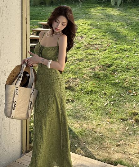 프랑스식 부드러운 바람 녹색 여름 슬립 롱 스커트 허리 수축 슬림해 보이는 품격 휴가 자카드 드레스
