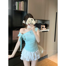 260克人棉绿色烫钻斜肩短T夏设计感蝴蝶结系带露肩短款甜辣妹上衣