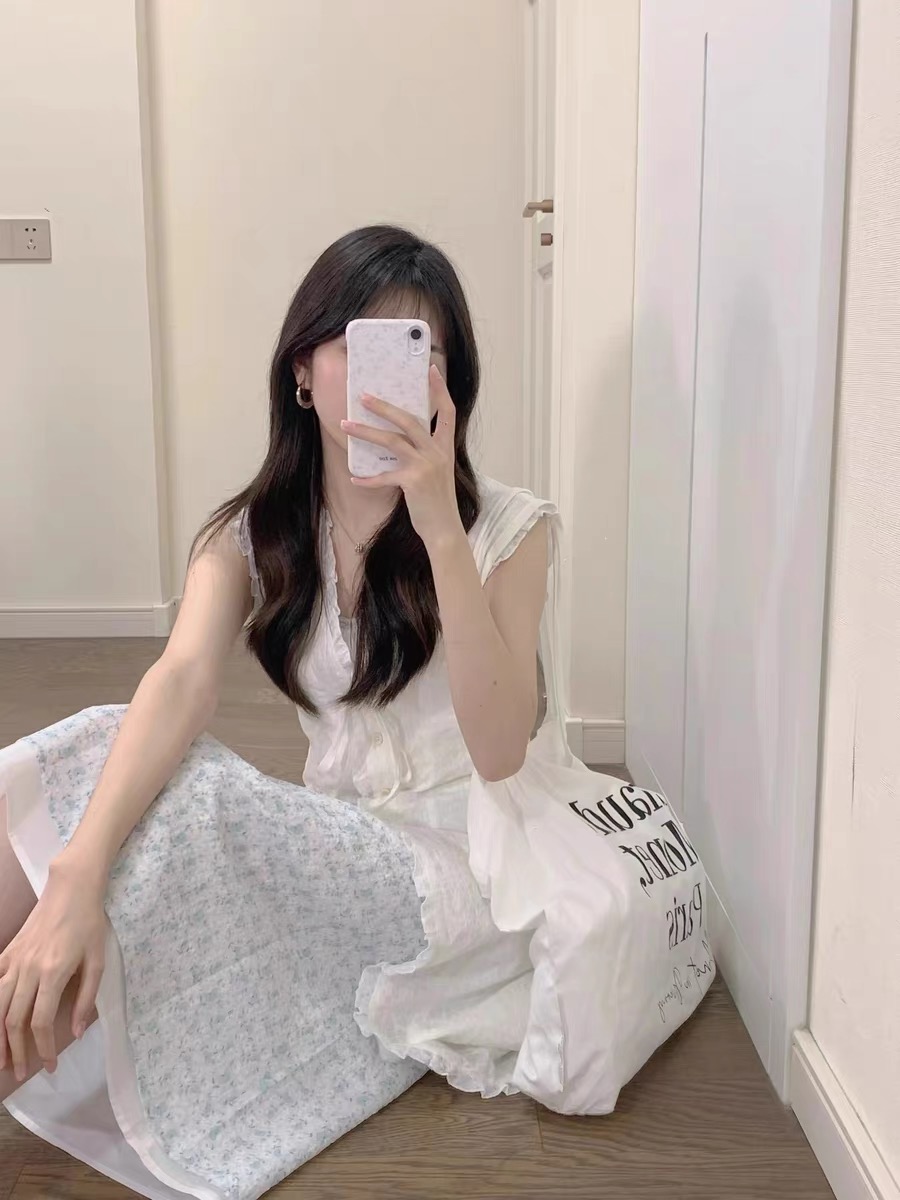 우유 부서 예술 건강 스택 착용 꽃무늬 드레스 2025 새로운 여성 여름 민소매 조끼 레이스 드레스 투피스 세트