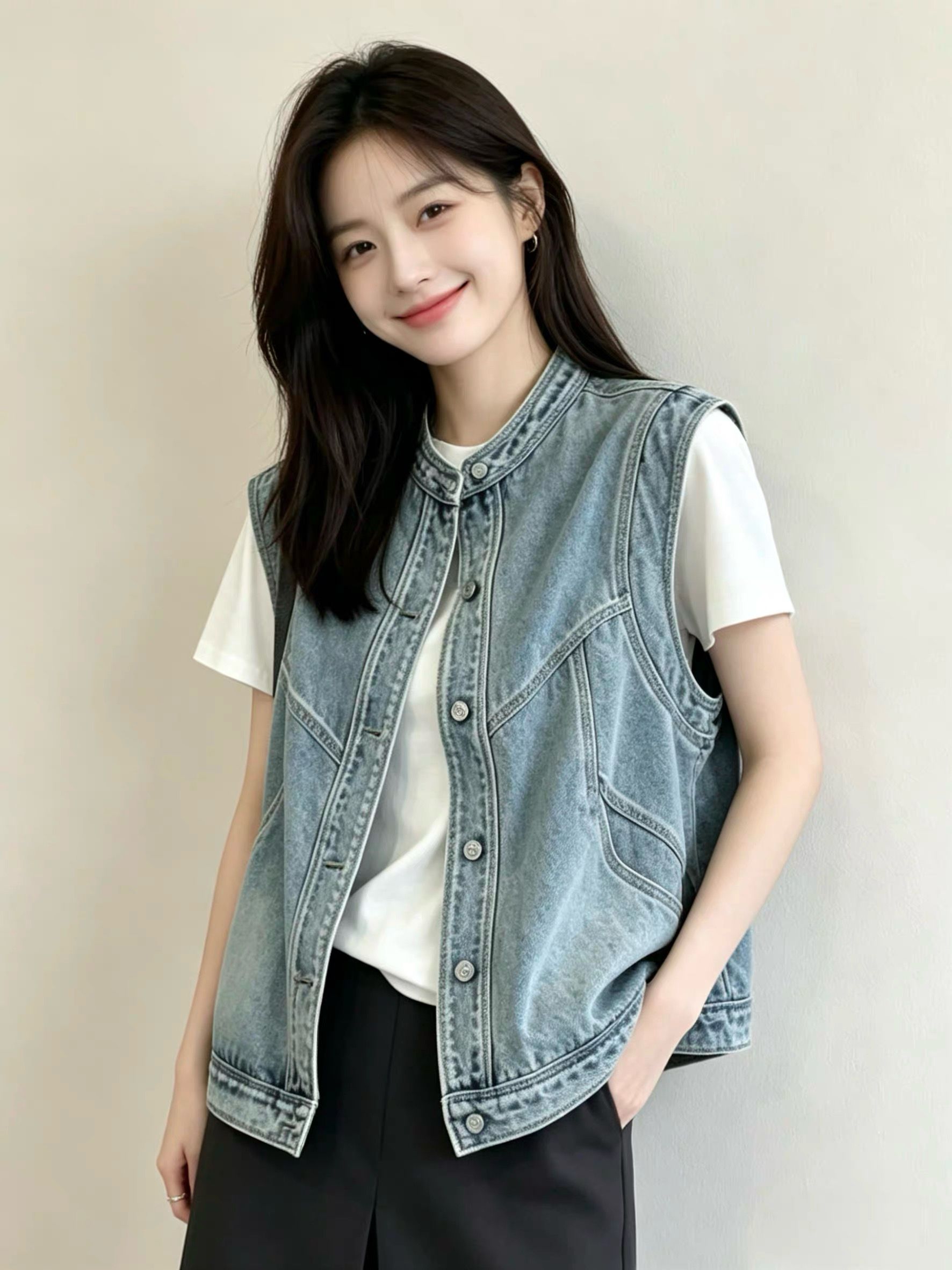 슈퍼 잘 생긴 패션 데님 조끼 여자 세련된 외국 가스 2026 봄 새로운 다용도 어깨 조끼 자켓 맨위