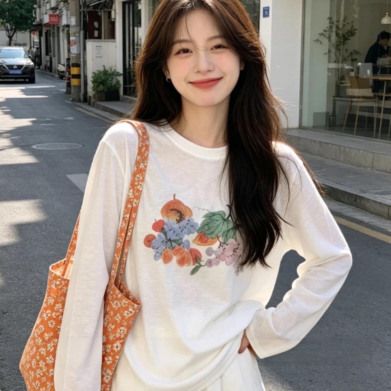 캐주얼 바람 프린트 얇은 스타일 긴팔 티셔츠 여성 여름 디자인 센스 작은 대중 루즈핏 라운드 넥 연령 감소 자외선 차단 블라우스 맨위