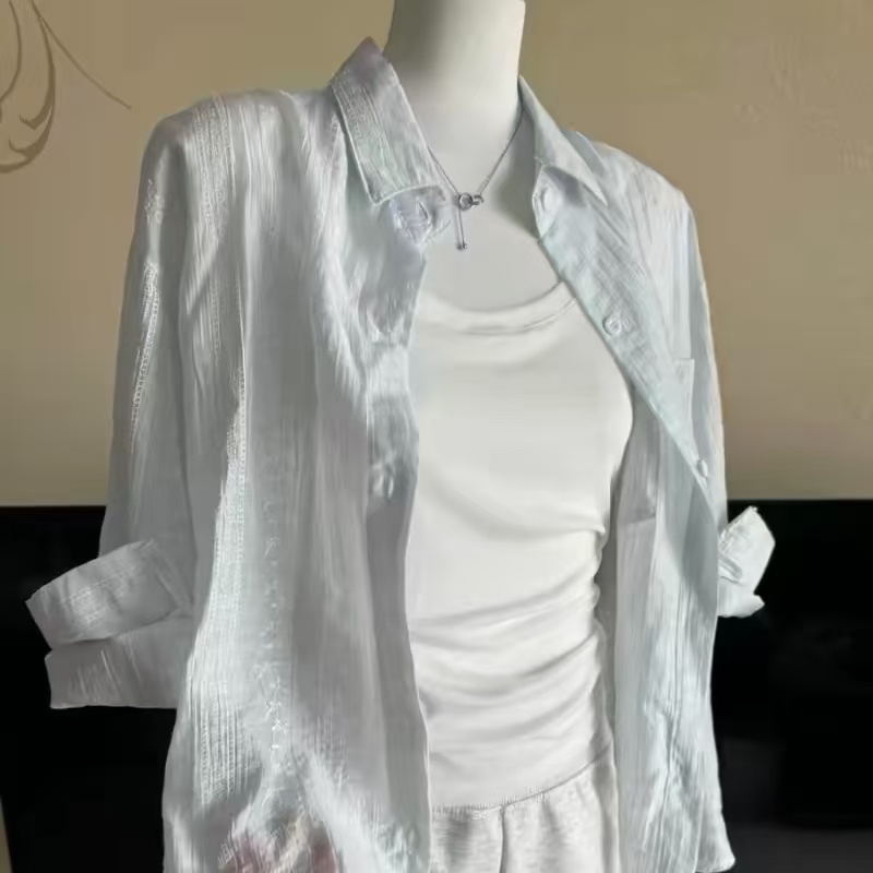 한 부서 chic 파란색 질감 센스 자외선 차단 긴팔 폴로 칼라 여성 셔츠 여름 레이스 조각 디자인 센스 셔츠 트렌디