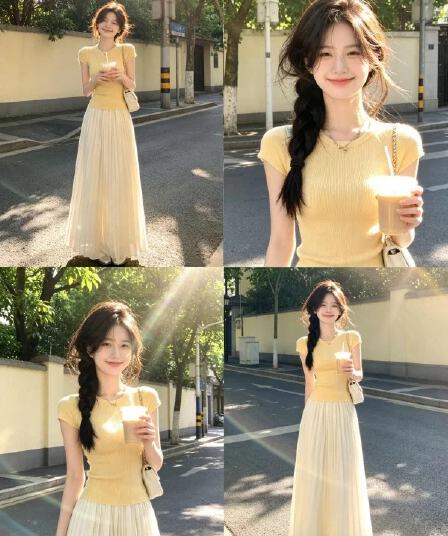 패키지 코어 실 황색 라운드 넥 몸매 가꾸기 슬림해 보이는 반팔 티셔츠 여성 얼음 차가운 니트 고급 사소한 초여름 맨위