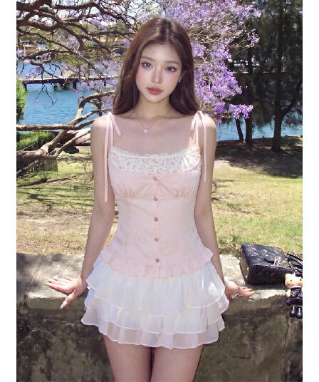 모방 주간 실크 원단 레이스 레이스 프랑스식 달콤한 스타일 레이스 레이스 캐미솔 페이크 레이어드 맨위