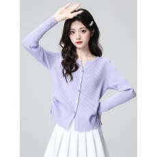 批发紫色不规则V领针织开衫女春秋2026春季<b class='q'>新款</b>设计感抽绳收腰短上衣