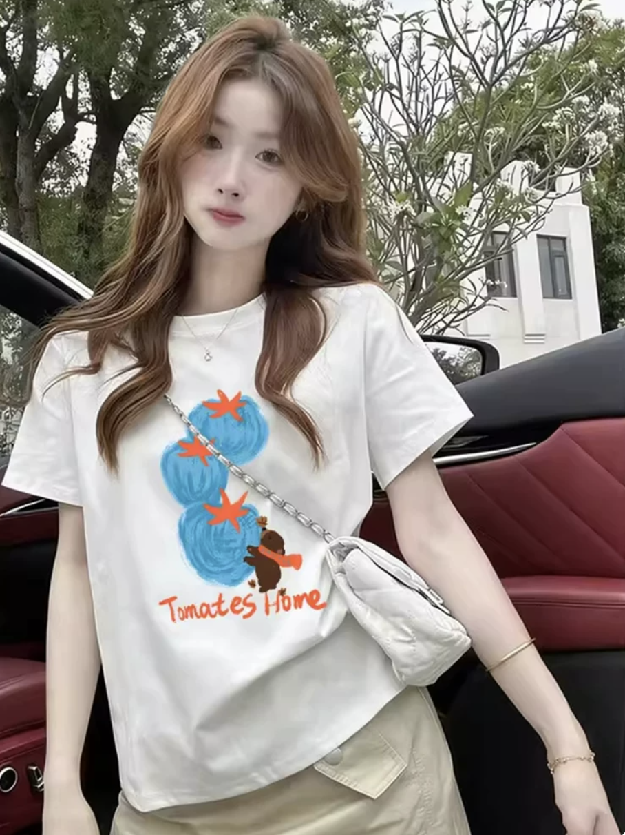 RY5857# 韩系温柔元气少女番茄印花短袖T恤夏季宽松显瘦休闲百搭减龄上衣