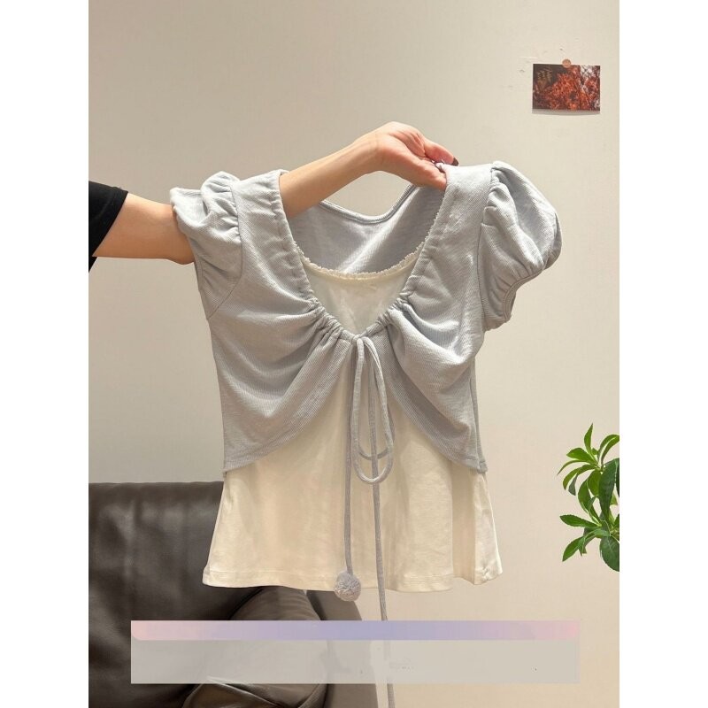 RY5860# 设计感假两件抽绳褶皱短袖T恤女夏季新款绑带修身短款泡泡袖上衣